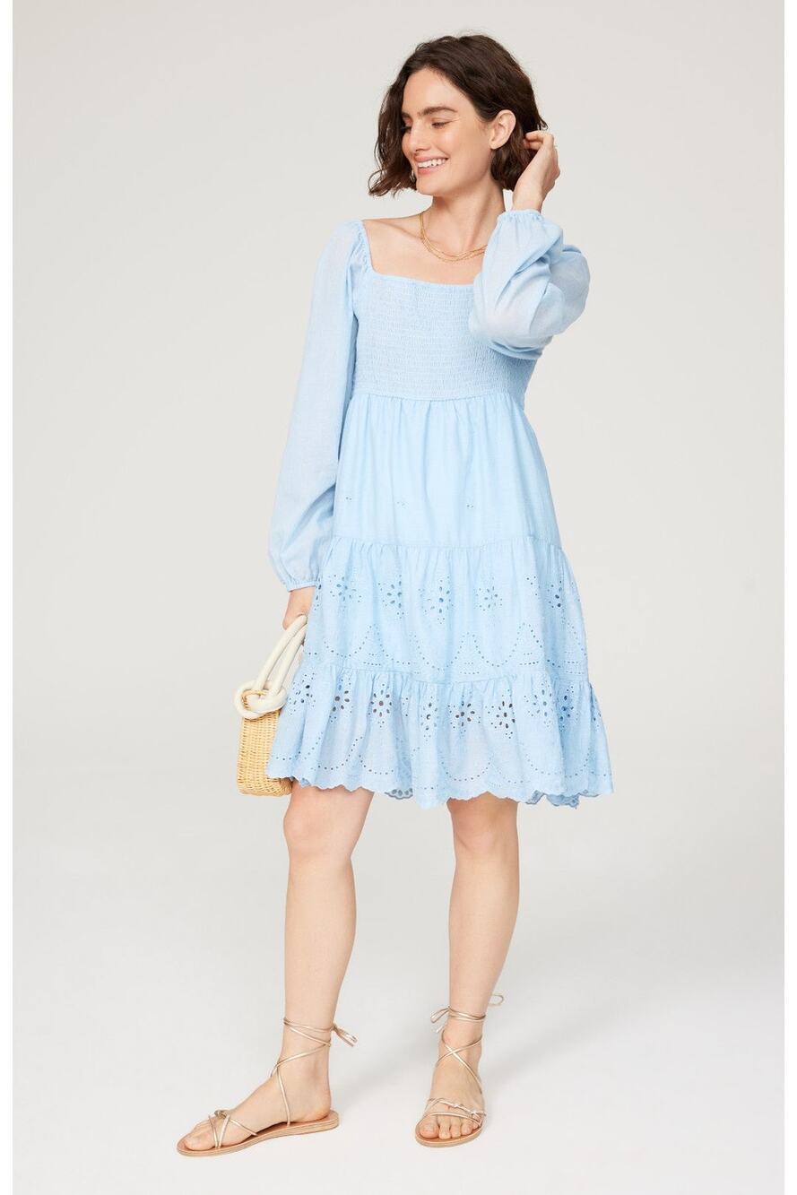 Area Stars Eyelet Trim Light Blue Long Sleeve Square Neck Dress Size Medium